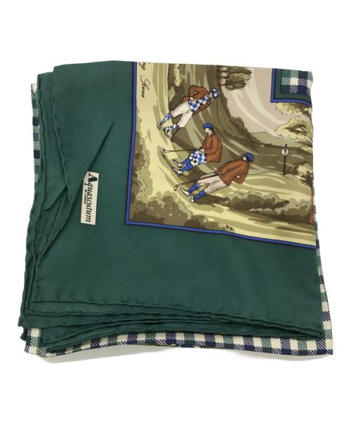 Aquascutum（アクアスキュータム）Aquascutum (アクアスキュータム) ゴルフ柄ヴィンテージシルクスカーフ グリーンの古着・服飾アイテム