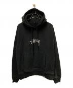stussyステューシー）の古着「フロントロゴ刺繍パーカー」｜ブラック
