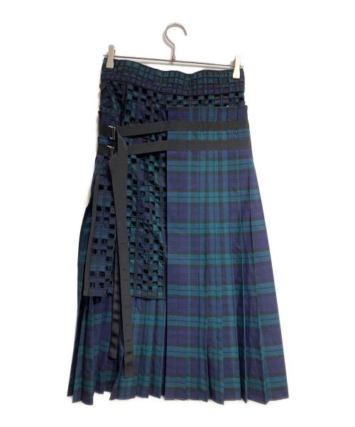 sacai（サカイ）sacai (サカイ) アシンメトリーレイヤードチャックスカート/Asymmetrical layered check skirt グリーン サイズ:2の古着・服飾アイテム