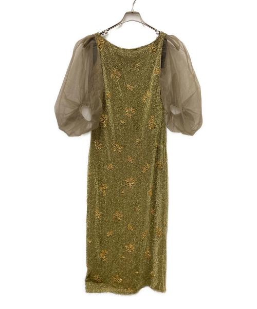 LeJa（レジャ）LEJA (レジャ) シアーパフスリーブグリッターIラインドレス ゴールド サイズ:Sの古着・服飾アイテム