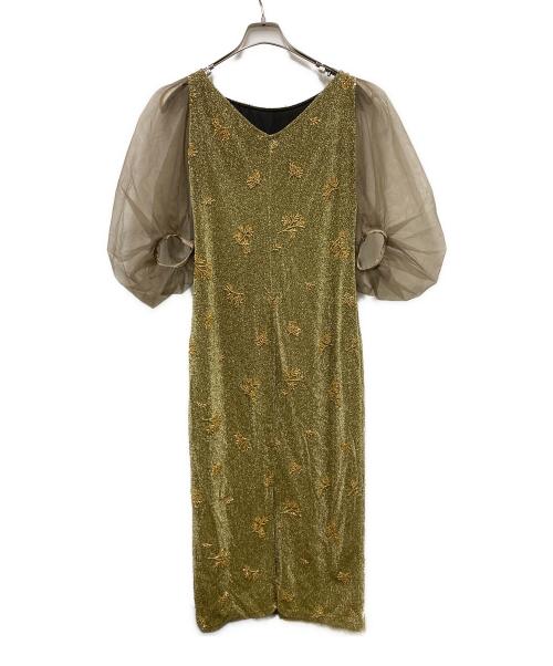 LeJa（レジャ）LEJA (レジャ) シアーパフスリーブグリッターIラインドレス ゴールド サイズ:Sの古着・服飾アイテム