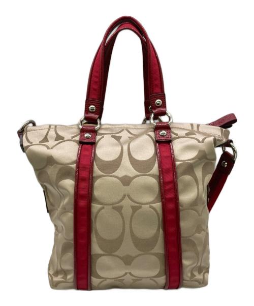 COACH（コーチ）COACH (コーチ) poppy signature 2way shoulder bag レッド×ベージュの古着・服飾アイテム