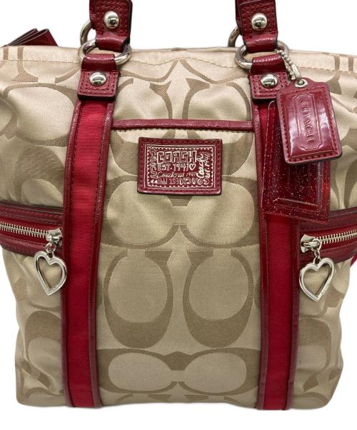 COACH（コーチ）COACH (コーチ) poppy signature 2way shoulder bag レッド×ベージュの古着・服飾アイテム