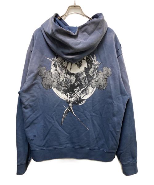 REVENGE（リベンジ）REVENGE (リベンジ) GLITCH ARCH LOGO TREATED HOODIE ブルー サイズ:XLの古着・服飾アイテム