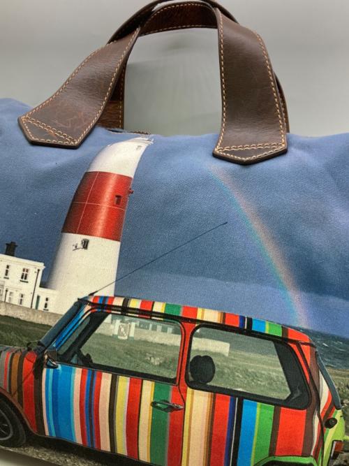 PAUL SMITH（ポールスミス）Paul Smith (ポールスミス) 車転写プリントショルダーバッグ ブルー×ブラウンの古着・服飾アイテム