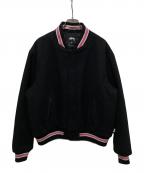stussyステューシー）の古着「S Talk Melton Varsity Jacket」｜ブラック×ピンク