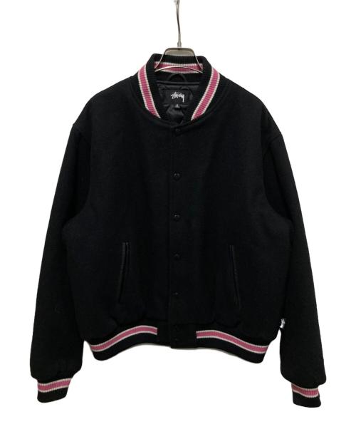 stussy（ステューシー）stussy (ステューシー) S Talk Melton Varsity Jacket ブラック×ピンク サイズ:Mの古着・服飾アイテム
