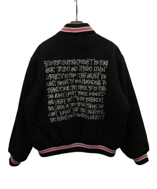 stussy（ステューシー）stussy (ステューシー) S Talk Melton Varsity Jacket ブラック×ピンク サイズ:Mの古着・服飾アイテム
