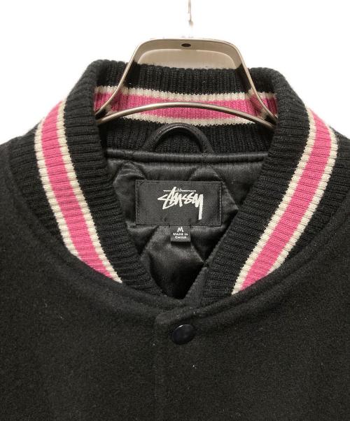 stussy（ステューシー）stussy (ステューシー) S Talk Melton Varsity Jacket ブラック×ピンク サイズ:Mの古着・服飾アイテム