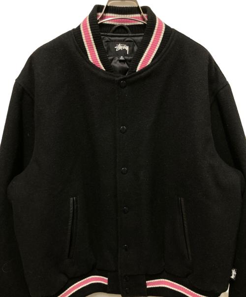 stussy（ステューシー）stussy (ステューシー) S Talk Melton Varsity Jacket ブラック×ピンク サイズ:Mの古着・服飾アイテム