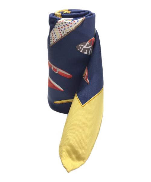 Salvatore Ferragamo（サルヴァトーレ フェラガモ）Salvatore Ferragamo (サルヴァトーレ フェラガモ) シルクスカーフ ネイビー×ゴールドの古着・服飾アイテム