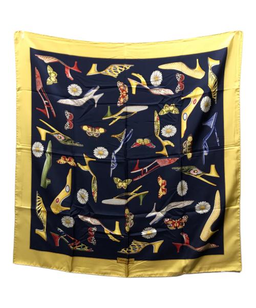 Salvatore Ferragamo（サルヴァトーレ フェラガモ）Salvatore Ferragamo (サルヴァトーレ フェラガモ) シルクスカーフ ネイビー×ゴールドの古着・服飾アイテム