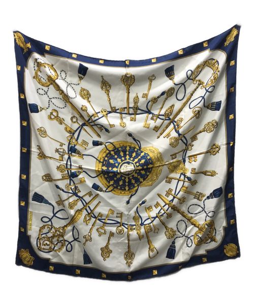 HERMES（エルメス）HERMES (エルメス) カレ90 LES CLES THE KEYS RARE ブルー×ホワイトの古着・服飾アイテム