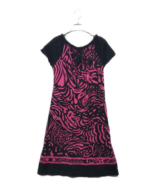LEONARD（レオナール）LEONARD (レオナール) 総柄ノースリーブワンピース ブラック×ピンク サイズ:1の古着・服飾アイテム