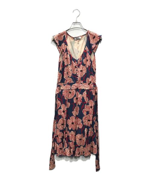 MOSCHINO CHEAP&CHIC（モスキーノ チープ アンド シック）MOSCHINO CHEAP&CHIC (モスキーノ チープ アンド シック) シルク混ノースリーブワンピース ネイビー×レッド サイズ:Ｍの古着・服飾アイテム