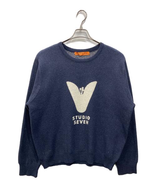studio seven（スタジオセブン）studio seven (スタジオセブン) V Flower Crew Neck Knit ネイビー サイズ:Lの古着・服飾アイテム