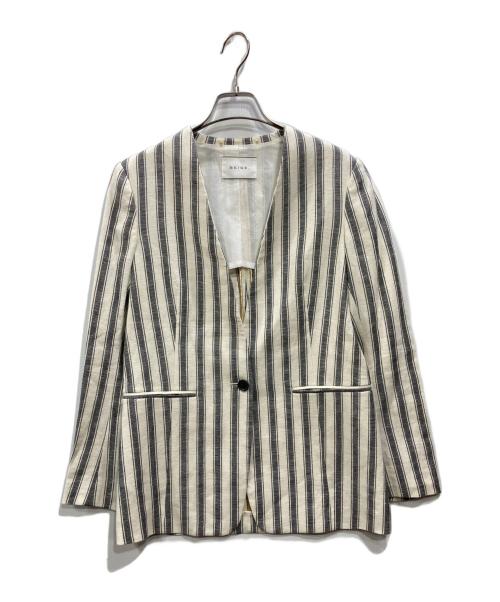 BEIGE（ベイジ）BEIGE (ベイジ) ストライプノーカラージャケット ベージュ×ネイビー サイズ:４の古着・服飾アイテム