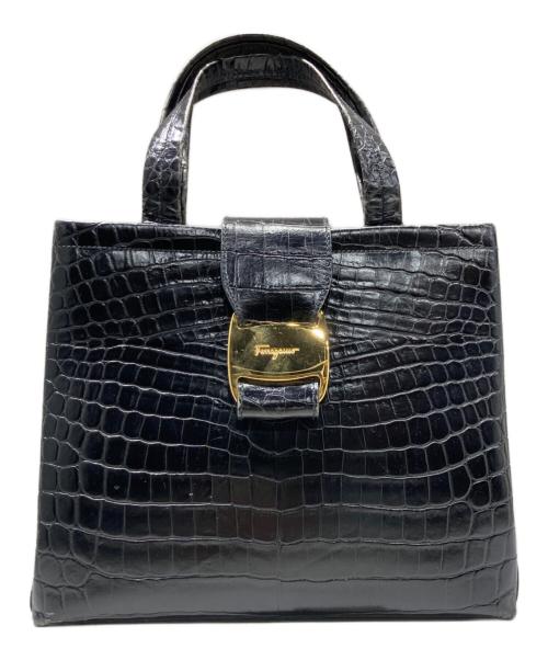 Salvatore Ferragamo（サルヴァトーレ フェラガモ）Salvatore Ferragamo (サルヴァトーレ フェラガモ) クロコ型押しハンドバッグ ブラックの古着・服飾アイテム