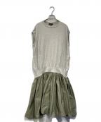 DRAWERドゥロワー）の古着「14G×タフタ 異素材切替 ノースリーブワンピース」｜グレー×カーキ