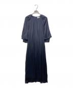 LANVIN en Bleuランバンオンブルー）の古着「ウエストリボンサテンワンピース」｜ネイビー