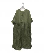 nest Robeネストローブ）の古着「リネンボリュームギャザーワンピース」｜グリーン
