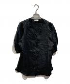 SHIPS anyシップスエニィ）の古着「リネン チビフリル パフ シャツ ブラウス」｜ブラック