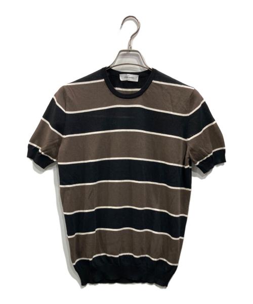GRAN SASSO（グランサッソ）GRAN SASSO (グランサッソ) コットンボーダー半袖ニット ブラック×ブラウン サイズ:48の古着・服飾アイテム