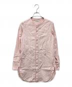 MADISON BLUEマディソンブルー）の古着「NO COLLAR LONG SH OX STRIPE(ノーカラー ロング シャツ オックス ストライプ)」｜ピンク