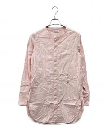 MADISON BLUE（マディソンブルー）の古着「NO COLLAR LONG SH OX STRIPE(ノーカラー ロング シャツ オックス ストライプ)」｜ピンク