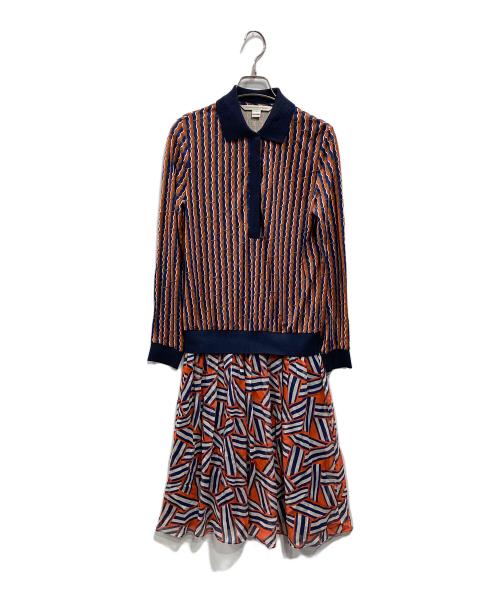 DIANE VON FURSTENBERG（ダイアンフォンファステンバーグ）DIANE VON FURSTENBERG (ダイアンフォンファステンバーグ) シルク ポロカラーワンピ ネイビー×オレンジ サイズ:2の古着・服飾アイテム