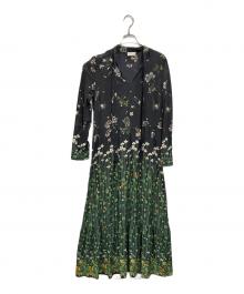 RED VALENTINO（レッドヴァレンティノ）の古着「ボタニカルプリント ボウタイドレス」｜ブラック×グリーン