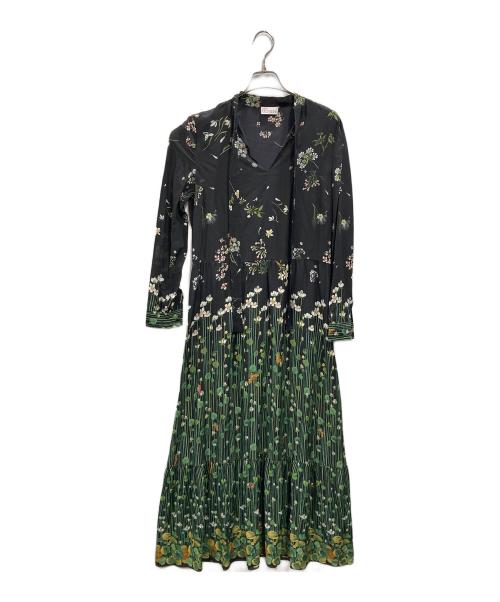 RED VALENTINO（レッドヴァレンティノ）RED VALENTINO (レッドヴァレンティノ) ボタニカルプリント ボウタイドレス ブラック×グリーン サイズ:40の古着・服飾アイテム