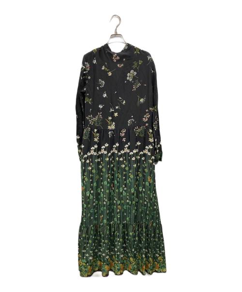 RED VALENTINO（レッドヴァレンティノ）RED VALENTINO (レッドヴァレンティノ) ボタニカルプリント ボウタイドレス ブラック×グリーン サイズ:40の古着・服飾アイテム