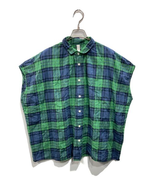 NATURAL LAUNDRY（ナチュラルランドリー）NATURAL LAUNDRY (ナチュラルランドリー) 先染めシャーリングロングシャ グリーン×ネイビー サイズ:2の古着・服飾アイテム