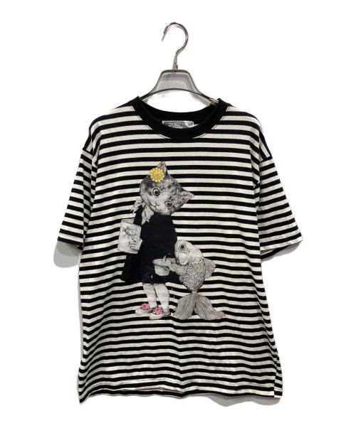 Yuko Higuchi（ユウコ ヒグチ）Yuko Higuchi (ユウコ ヒグチ) Tシャツ しましまどじょう飼っていい？ ブラック×ホワイト サイズ:Lの古着・服飾アイテム