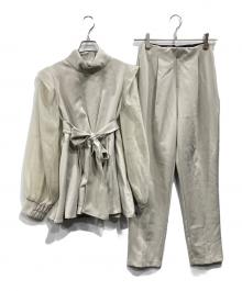 RUIRUE BOUTIQUE（ルイルエブティック）の古着「オーガンジースリーブタックフレアトップス＆シークレットゴム・スリムテーパードパンツ(ボウタイ付き)」｜グリーン