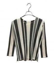 PLEATS PLEASE（プリーツプリーズ）の古着「ランダムストライププリーツカットソー」｜アイボリー×グレー