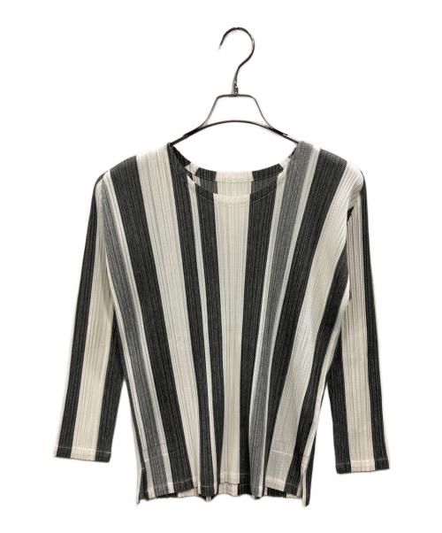 PLEATS PLEASE（プリーツプリーズ）PLEATS PLEASE (プリーツプリーズ) ランダムストライププリーツカットソー アイボリー×グレー サイズ:SIZE 3の古着・服飾アイテム