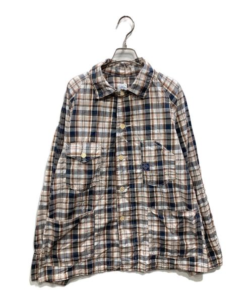 POST O'ALLS（ポストオーバーオールズ）POST O'ALLS (ポストオーバーオールズ) WORK SHIRT ブラウン×ネイビー サイズ:Lの古着・服飾アイテム