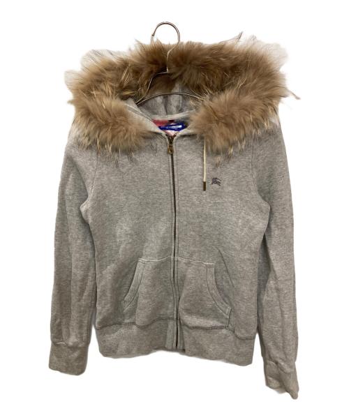 BURBERRY BLUE LABEL（バーバリー ブルー レーベル）BURBERRY BLUE LABEL (バーバリー ブルー レーベル) ラクーンファー付きロゴ刺繍ジップパーカー グレー サイズ:38の古着・服飾アイテム