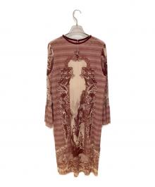 VIVIENNE TAM（ヴィヴィアンタム）の古着「ドラゴンビルプリントワンピース」｜レッド×ベージュ