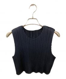 PLEATS PLEASE（プリーツプリーズ）の古着「ノースリーブプリーツブラウス」｜ネイビー