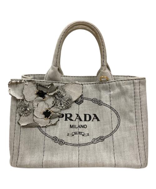 PRADA（プラダ）PRADA (プラダ) カナパフラワーモチーフハンドバッグ ライトグレーの古着・服飾アイテム
