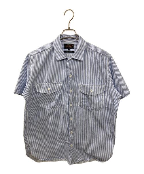 BEAMS PLUS（ビームスプラス）BEAMS PLUS (ビームスプラス) WORK Short Sleeve Stripe COOLMAX スカイブルー サイズ:Mの古着・服飾アイテム