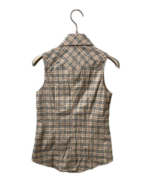 BURBERRY BLUE LABEL（バーバリー ブルー レーベル）BURBERRY BLUE LABEL (バーバリー ブルー レーベル) ノバチェックフリルノースリーブシャツ ベージュ サイズ:36の古着・服飾アイテム