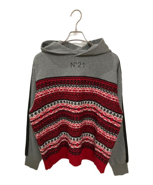 N°21（ヌメロヴェントゥーノ）N°21 (ヌメロヴェントゥーノ) ドッキングニットパーカー グレー×レッド サイズ:14の古着・服飾アイテム