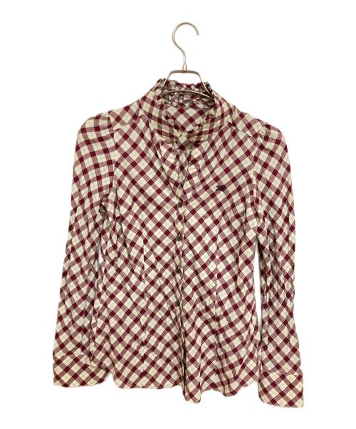 BURBERRY BLUE LABEL（バーバリー ブルー レーベル）BURBERRY BLUE LABEL (バーバリー ブルー レーベル) フリルカラーチェックシャツ ベージュ×レッド サイズ:38の古着・服飾アイテム