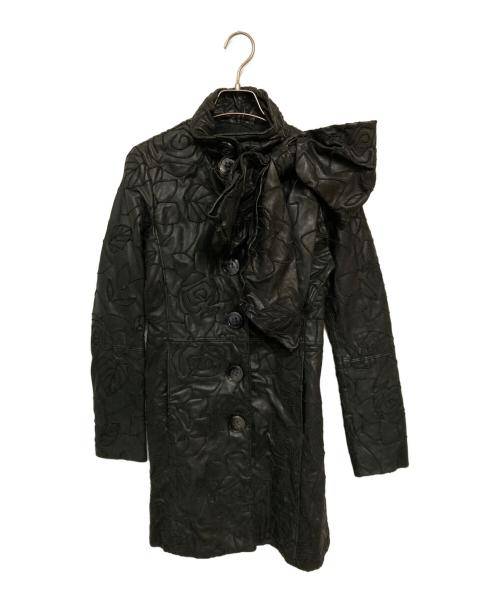 EMPORIO ARMANI（エンポリオ アルマーニ）EMPORIO ARMANI (エンポリオアルマーニ) フラワー刺繍リボン装飾ラムレザーコート ブラック サイズ:36の古着・服飾アイテム