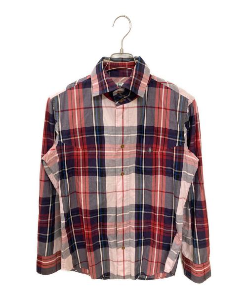 Vivienne Westwood man（ヴィヴィアン ウェストウッド マン）Vivienne Westwood man (ヴィヴィアン ウェストウッド マン) ｵｰﾌﾞ刺繍長袖チェックシャツ ピンク サイズ:46の古着・服飾アイテム