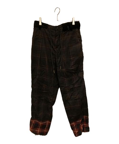 sacai（サカイ）sacai (サカイ) ドローストリングチェックロングパンツ ブラウンの古着・服飾アイテム